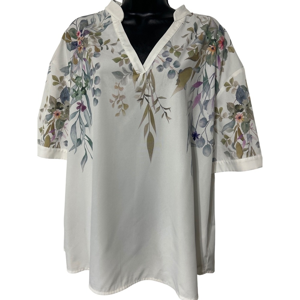 Emery Rose Womens XL Floral Print Short Sleeve V‎ Neck Tunic Top